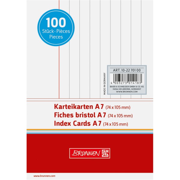 4003273014183 - Karteikarten 102270100 weiß A7 liniert 180g  4003273014183 100 Stück