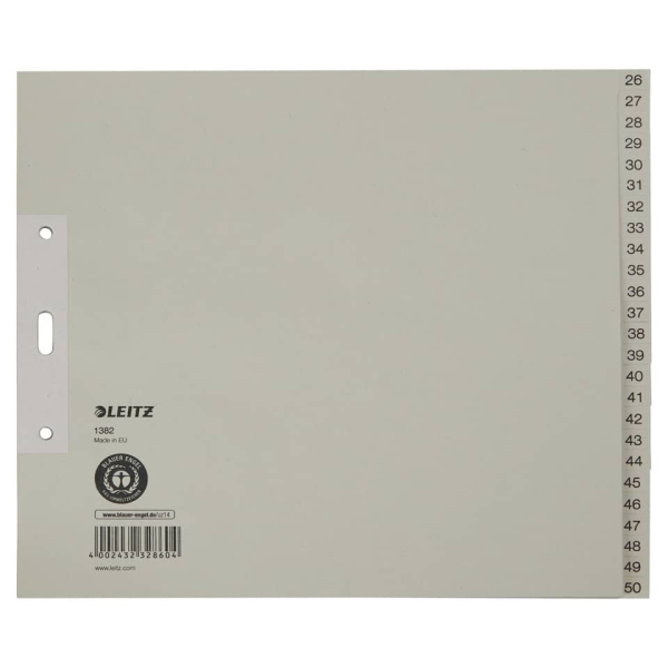 Leitz Kartonregister 1382-00-85, 26 bis 50, A4 halbe Höhe, 100 g/m², graue Taben, 25-teilig 4002432328604 Leitz