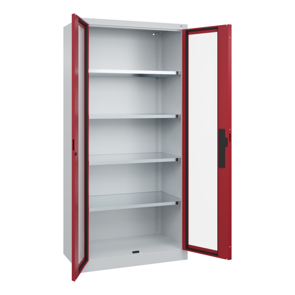 4069361431591 - Sichtfenster-Flügeltürschrank HxBxT 1950 x 930 x 500 mm 4 Fachböden lichtgrau   rubinrot C+P