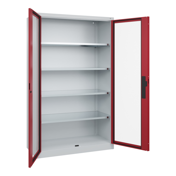 4069361444812 - Sichtfenster-Flügeltürschrank HxBxT 1950 x 1200 x 500 mm 4 Fachböden lichtgrau   rubinrot C+P