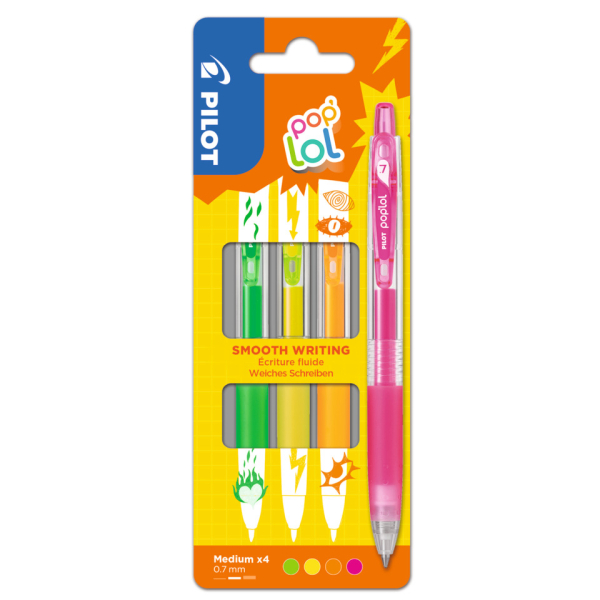PILOT pop´lol Gelschreiber-Set Neon 0,4 mm, Schreibfarbe: farbsortiert, 4 St.