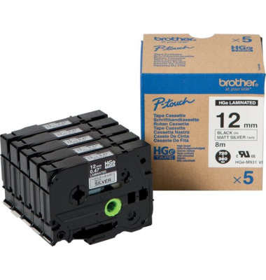 Schriftbandkassette, P-touch, 12mm, Multipack, schwarz auf silbermatt,