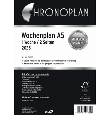 Chronoplan Tagesplan DIN A5, 14,8 x 21,0 cm, aktuelles Kalendarium, 1 Woche2 Seiten