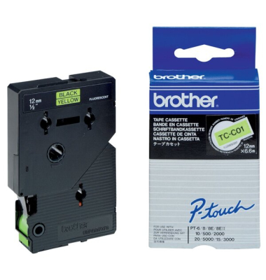 P-touch Schriftband TC-C01 12mm x 7,7m schwarz/signalgelb laminert selbstklebend