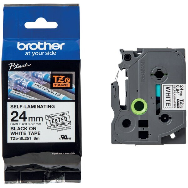 4977766806404 - Schriftband Extra stark klebend TZe TZESL251 Bandfarbe Weiß SchriftfarbeSchwarz 24 mm 8 m