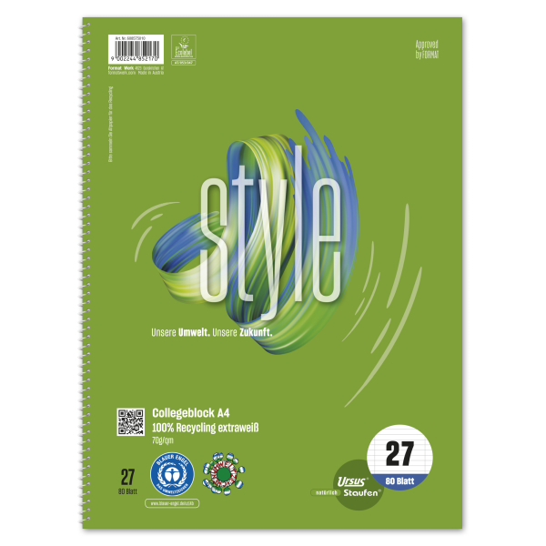 9002244852170 - Collegeblock 608575010 Green Baum Lineatur 27   liniert mit Rand innen außen A4 70g grün 80 Blatt 9002244852170 Staufen