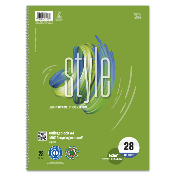 9002244852279 - Collegeblock 608575020 Green Baum Lineatur 28   kariert mit Rand innen außen A4 70g grün 80 Blatt 9002244852279 Staufen