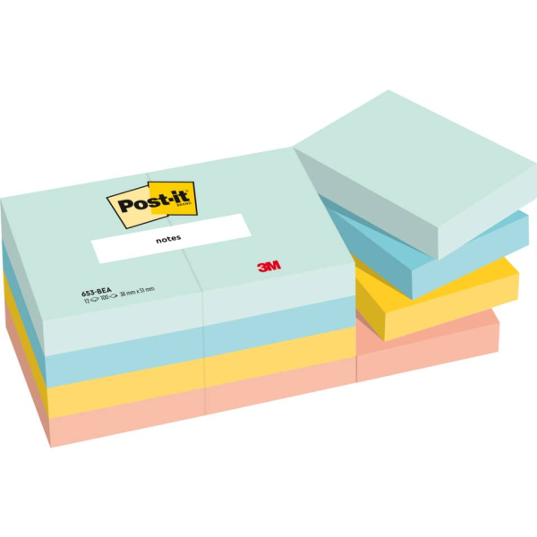 Post-it Haftnotizen 653-12-BEA, 51x38mm, farbig sortiert (mint/türkis/ultragelb/papayaorange), rechteckig 4064035065911 Post-it