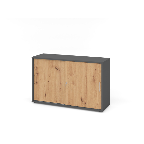 4032062304532 - Schiebetürschrank Breno abschließbar Spanplatte melaminharzbeschichtet B 1200 x T 400 x H 748 mm 2 Ordnerhöhen Graphit Asteiche