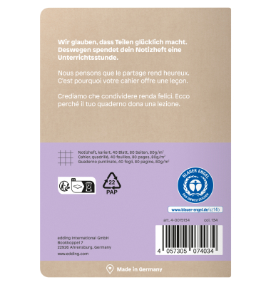 Notizbuch 4-0015134, share, pastellviolet, A6, kariert, 80g, 40 Blatt / 80 Seiten