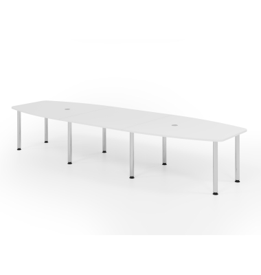 Konferenztisch K-Serie, manuell h&ouml;henverstellbar 72-74cm (H), 400cmx85/130cm (BxT), 14 Personen, Tonnenform, wei&szlig; / chrom