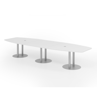 Konferenztisch K-Serie, 74cm (H), 400cmx85/130cm (BxT), 14 Personen, Tonnenform, wei&szlig; / silber