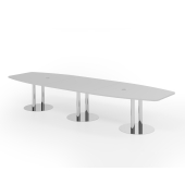 Konferenztisch K-Serie, 74cm (H), 400cmx85/130cm (BxT), 14 Personen, Tonnenform, lichtgrau / chrom