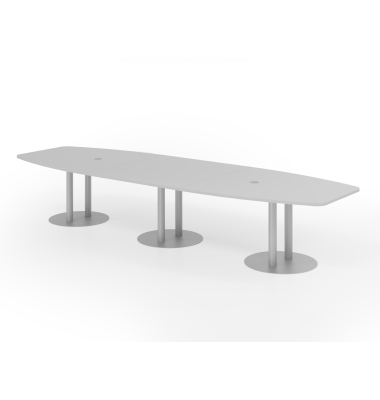 Konferenztisch K-Serie, 74cm (H), 400cmx85/130cm (BxT), 14 Personen, Tonnenform, lichtgrau / silber