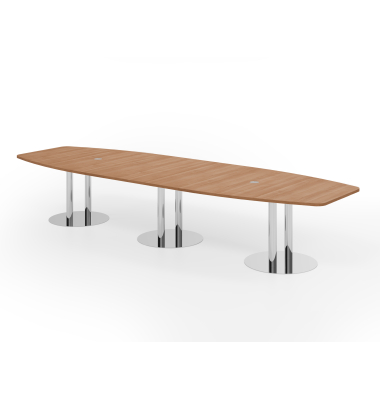 Konferenztisch K-Serie, 74cm (H), 400cmx85/130cm (BxT), 14 Personen, Tonnenform, nussbaum / chrom