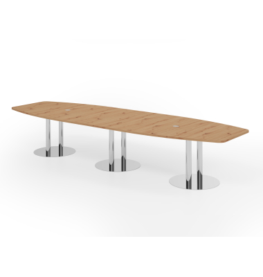 Konferenztisch K-Serie, 74cm (H), 400cmx85/130cm (BxT), 14 Personen, Tonnenform, asteiche / chrom