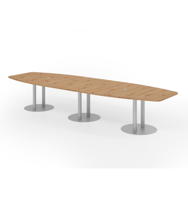 Konferenztisch VKT, 74cm (H), 400cmx85-130cm (BxT), 14 Personen, Tonnenform, asteiche / silber