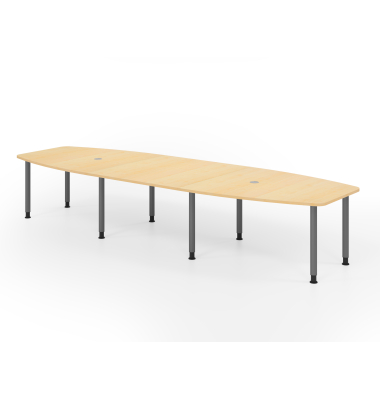 Konferenztisch K-Serie, manuell h&ouml;henverstellbar 72-74cm (H), 400cmx85/130cm (BxT), 14 Personen, Tonnenform, ahorn / graphit
