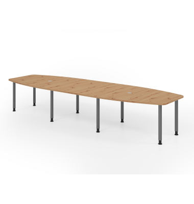 Konferenztisch K-Serie, manuell h&ouml;henverstellbar 72-74cm (H), 400cmx85/130cm (BxT), 14 Personen, Tonnenform, asteiche / graphit