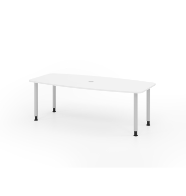 Konferenztisch VKT, manuell h&ouml;henverstellbar 72-74cm (H), 220cmx83-103cm (BxT), 8 Personen, Tonnenform, wei&szlig; / silber