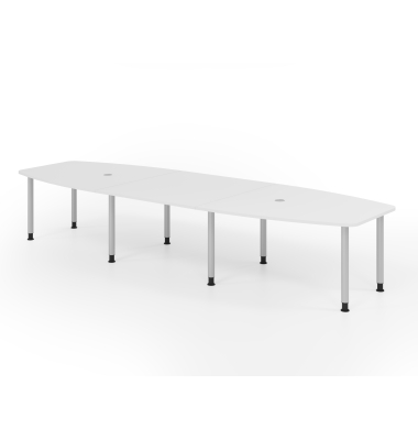 Konferenztisch VKT, manuell h&ouml;henverstellbar 72-74cm (H), 400cmx85-130cm (BxT), 14 Personen, Tonnenform, wei&szlig; / silber