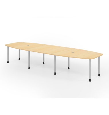 Konferenztisch VKT, manuell h&ouml;henverstellbar 72-74cm (H), 400cmx85-130cm (BxT), 14 Personen, Tonnenform, ahorn / silber