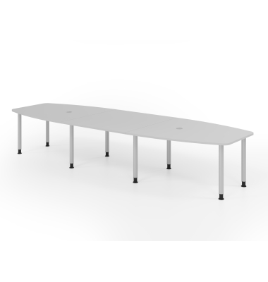 Konferenztisch VKT, manuell h&ouml;henverstellbar 72-74cm (H), 400cmx85-130cm (BxT), 14 Personen, Tonnenform, lichtgrau / silber