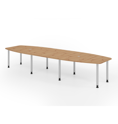 Konferenztisch VKT, manuell h&ouml;henverstellbar 72-74cm (H), 400cmx85-130cm (BxT), 14 Personen, Tonnenform, asteiche / silber