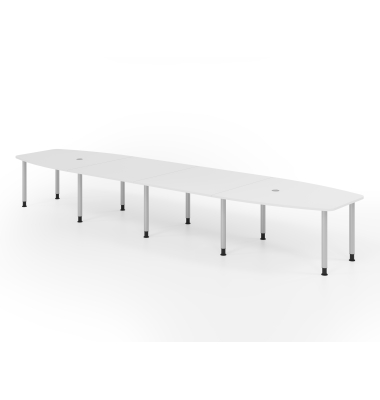 Konferenztisch VKT, manuell h&ouml;henverstellbar 72-74cm (H), 520cmx85-130cm (BxT), 18 Personen, Tonnenform, wei&szlig; / silber