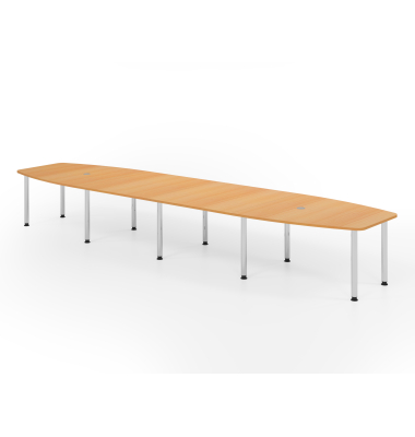 Konferenztisch VKT, manuell h&ouml;henverstellbar 72-74cm (H), 520cmx85-130cm (BxT), 18 Personen, Tonnenform, buche / chrom