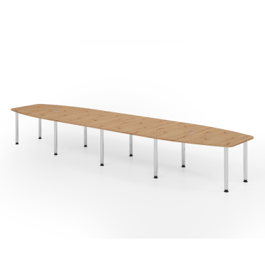 Konferenztisch VKT, manuell h&ouml;henverstellbar 72-74cm (H), 520cmx85-130cm (BxT), 18 Personen, Tonnenform, asteiche / chrom