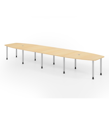 Konferenztisch VKT, manuell h&ouml;henverstellbar 72-74cm (H), 520cmx85-130cm (BxT), 18 Personen, Tonnenform, ahorn / silber