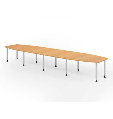 Konferenztisch K-Serie, manuell h&ouml;henverstellbar 72-74cm (H), 520cmx85-130cm (BxT), 18 Personen, Tonnenform, buche / silber