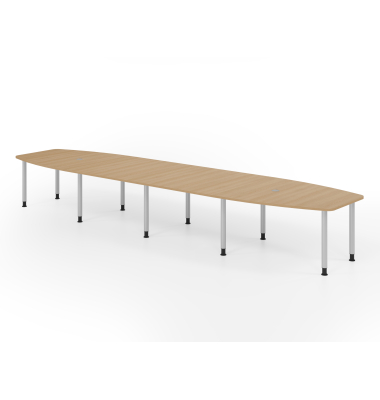 Konferenztisch K-Serie, manuell h&ouml;henverstellbar 72-74cm (H), 520cmx85-130cm (BxT), 18 Personen, Tonnenform, eiche / silber