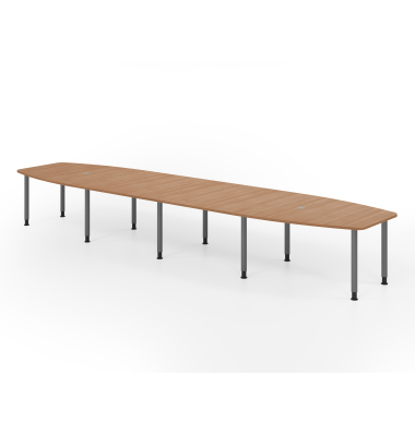 Konferenztisch VKT, manuell h&ouml;henverstellbar 72-74cm (H), 520cmx85-130cm (BxT), 18 Personen, Tonnenform, nussbaum / graphit