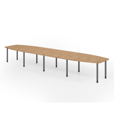 Konferenztisch K-Serie, manuell h&ouml;henverstellbar 72-74cm (H), 520cmx85-130cm (BxT), 18 Personen, Tonnenform, asteiche / graphit