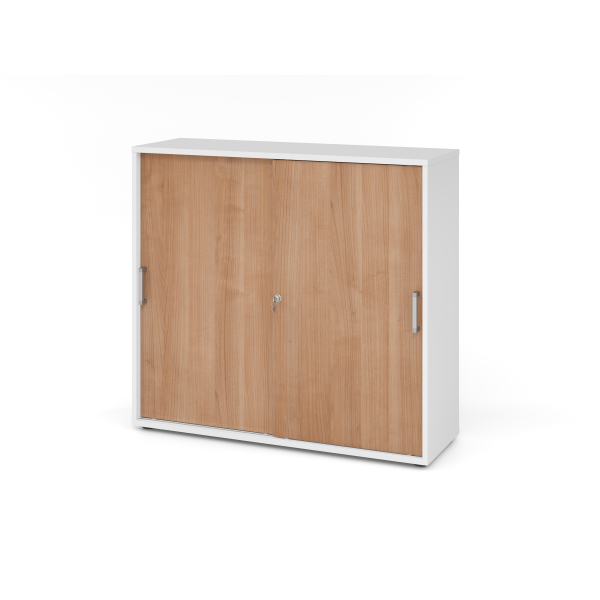 4032062146293 - Schiebetürenschrank TARVIS 3 Ordnerhöhen B 1200 x T 400 x H 1100 mm abschließ- & stapelbar weiß Nussbaum-Dekor