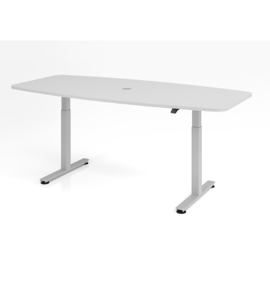 Sitz-Steh-Konferenztisch XMST, elektrisch h&ouml;henverstellbar 120cm (H), 220x103cm (BxT), Tonnenform, grau / silber