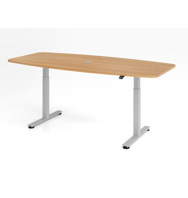 Sitz-Steh-Konferenztisch XMST, elektrisch h&ouml;henverstellbar 120cm (H), 220x103cm (BxT), Tonnenform, eiche / silber
