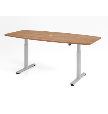 Sitz-Steh-Konferenztisch XMST, elektrisch h&ouml;henverstellbar 120cm (H), 220x103cm (BxT), Tonnenform, nussbaum / silber