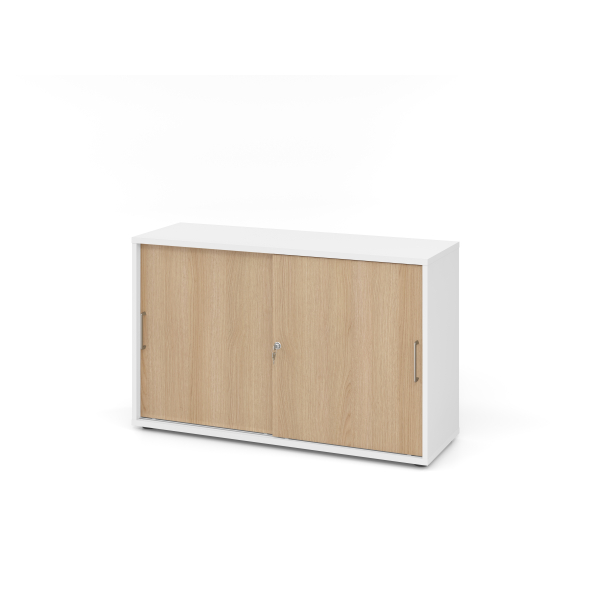 4032062186497 - Schiebetürschrank Breno abschließbar Spanplatte melaminharzbeschichtet B 1200 x T 400 x H 748 mm 2 Ordnerhöhen weiß Eiche