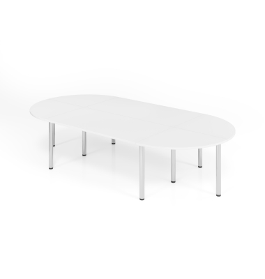 Konferenztisch K-Serie, manuell h&ouml;henverstellbar 74cm (H), 320x160cm (BxT), 8 Personen, Tonnenform, wei&szlig; / chrom
