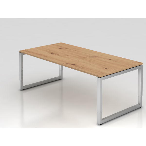 4032062192900 - eurokraft pro Schreibtisch mit Gestell aus Vierkant-Stahlrohr Höhe 650 - 850 mm BxT 2000 x 1000 mm Asteiche   alusilber