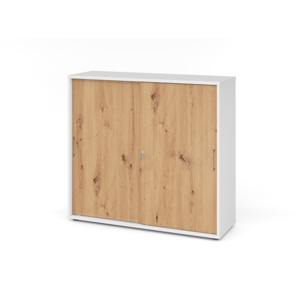 4032062304563 - Schiebetürschrank Breno abschließbar Spanplatte melaminharzbeschichtet B 1200 x T 400 x H 1100 mm 3 Ordnerhöhen weiß Asteiche