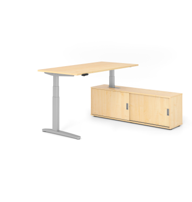 Sitz-Steh-Schreibtischkombination VXBHM, elektrisch h&ouml;henverstellbar 129cm (H), 160x80cm (BxT), ahorn / silber