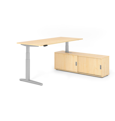 Sitz-Steh-Schreibtischkombination VXBHM, elektrisch h&ouml;henverstellbar 129cm (H), 180x80cm (BxT), ahorn / silber
