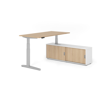 Sitz-Steh-Schreibtischkombination VXBHM, elektrisch h&ouml;henverstellbar 129cm (H), 160x80cm (BxT), eiche / silber