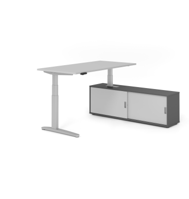 Sitz-Steh-Schreibtischkombination VXBHM, elektrisch h&ouml;henverstellbar 129cm (H), 160x80cm (BxT), grau / silber