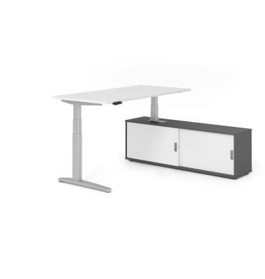 Sitz-Steh-Schreibtischkombination VXBHM, elektrisch h&ouml;henverstellbar 129cm (H), 160x80cm (BxT), wei&szlig; / silber