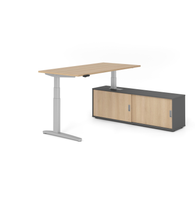 Sitz-Steh-Schreibtischkombination VXBHM, elektrisch h&ouml;henverstellbar 129cm (H), 160x80cm (BxT), eiche / silber